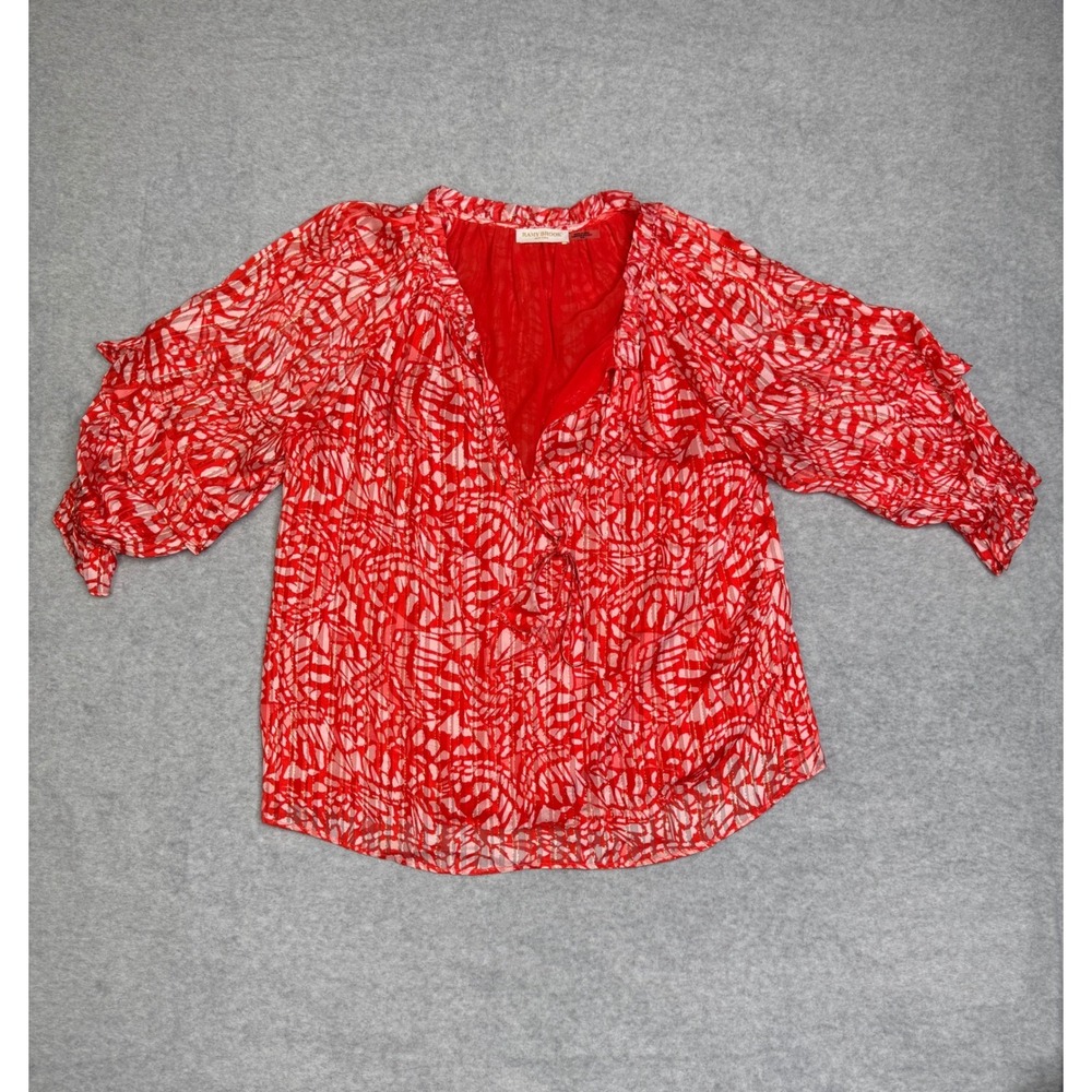 Ramy Brook Altyn Printed Metallic V-Neck Ruffle Blouse Red Size Medium Preppy